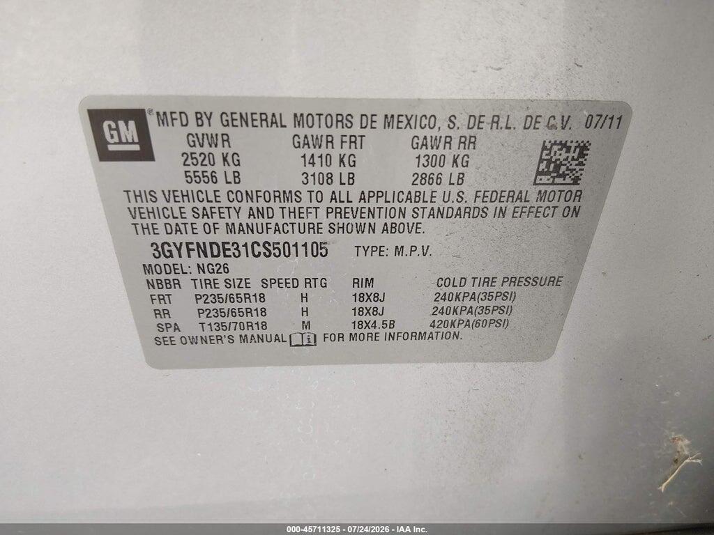 3GYFNDE31CS501105 2012 CADILLAC SRX photo no. 9