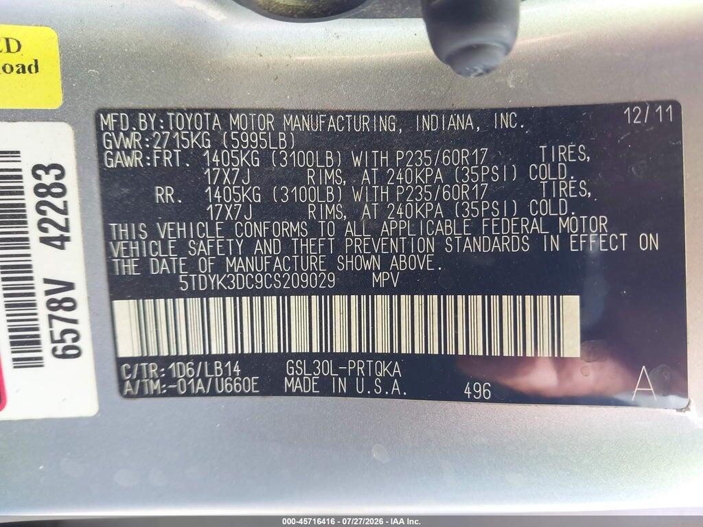 5TDYK3DC9CS209029 2012 TOYOTA SIENNA photo no. 9