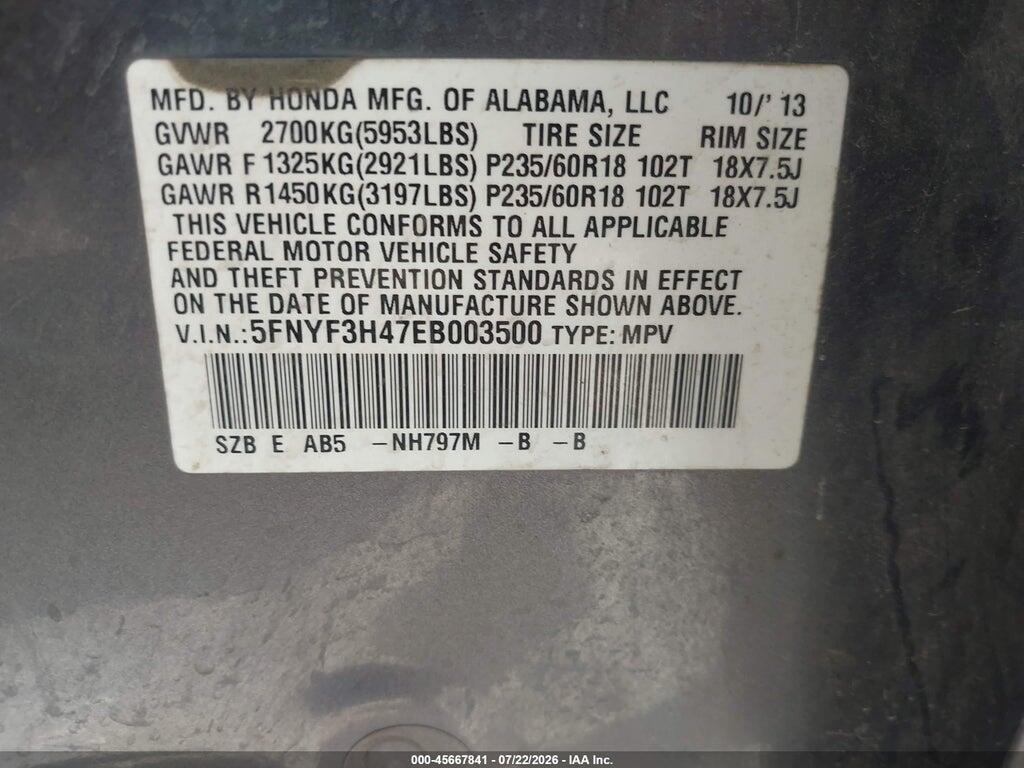 5FNYF3H47EB003500 2014 HONDA PILOT photo no. 9
