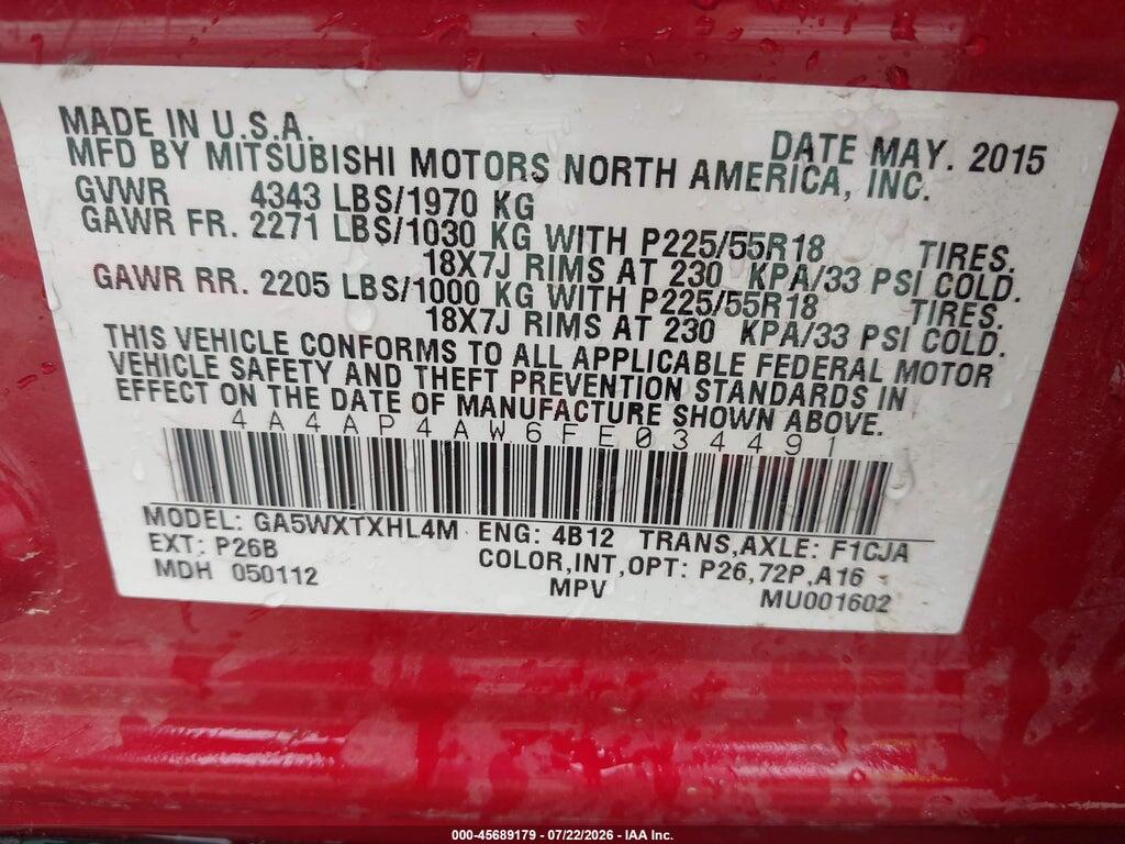 4A4AP4AW6FE034491 2015 MITSUBISHI OUTLANDER SPORT photo no. 9