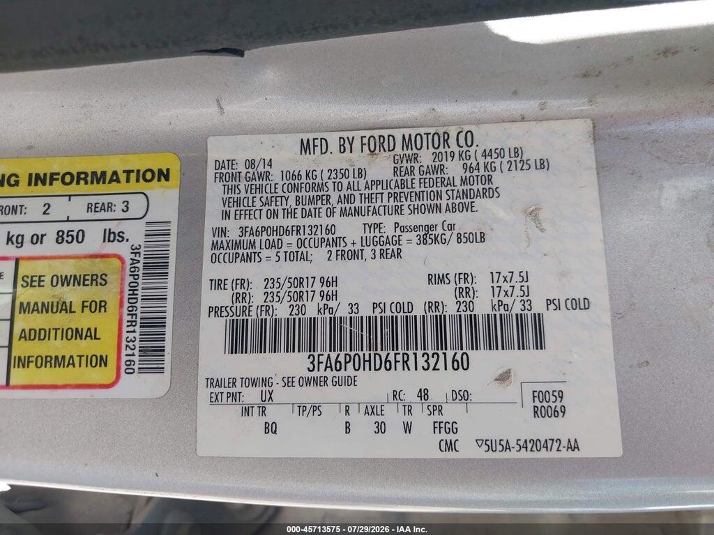 3FA6P0HD6FR132160 2015 FORD FUSION photo no. 9