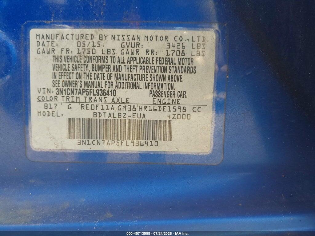 3N1CN7AP5FL936410 2015 NISSAN VERSA photo no. 9