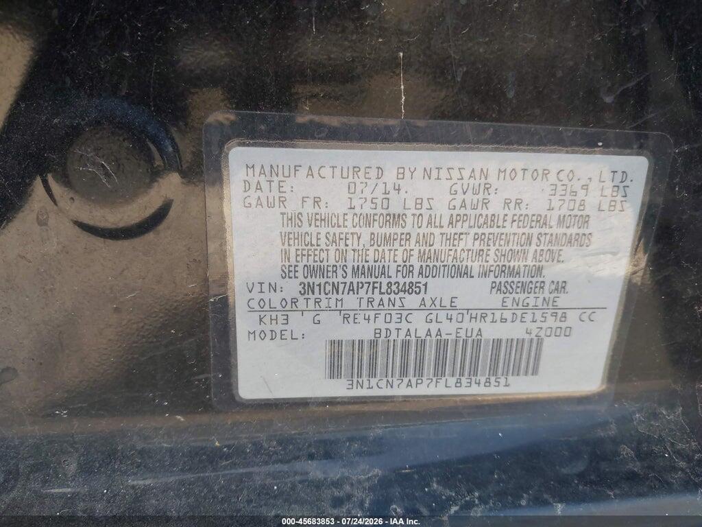 3N1CN7AP7FL834851 2015 NISSAN VERSA photo no. 9