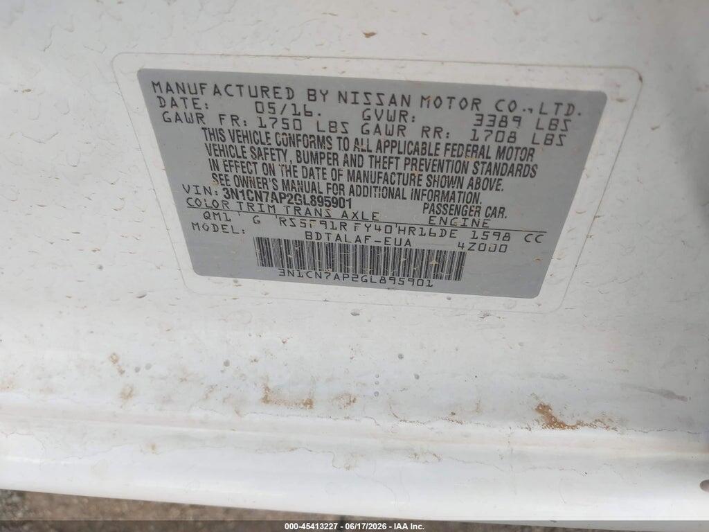 3N1CN7AP2GL895901 2016 NISSAN VERSA photo no. 9