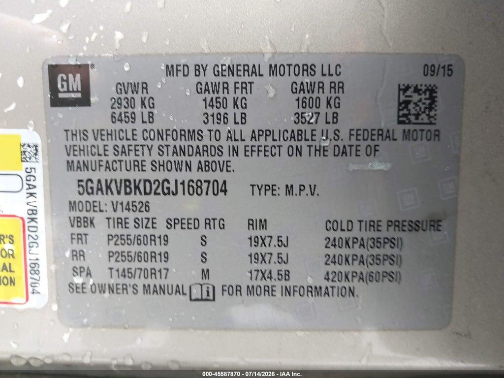 5GAKVBKD2GJ168704 2016 BUICK ENCLAVE photo no. 9