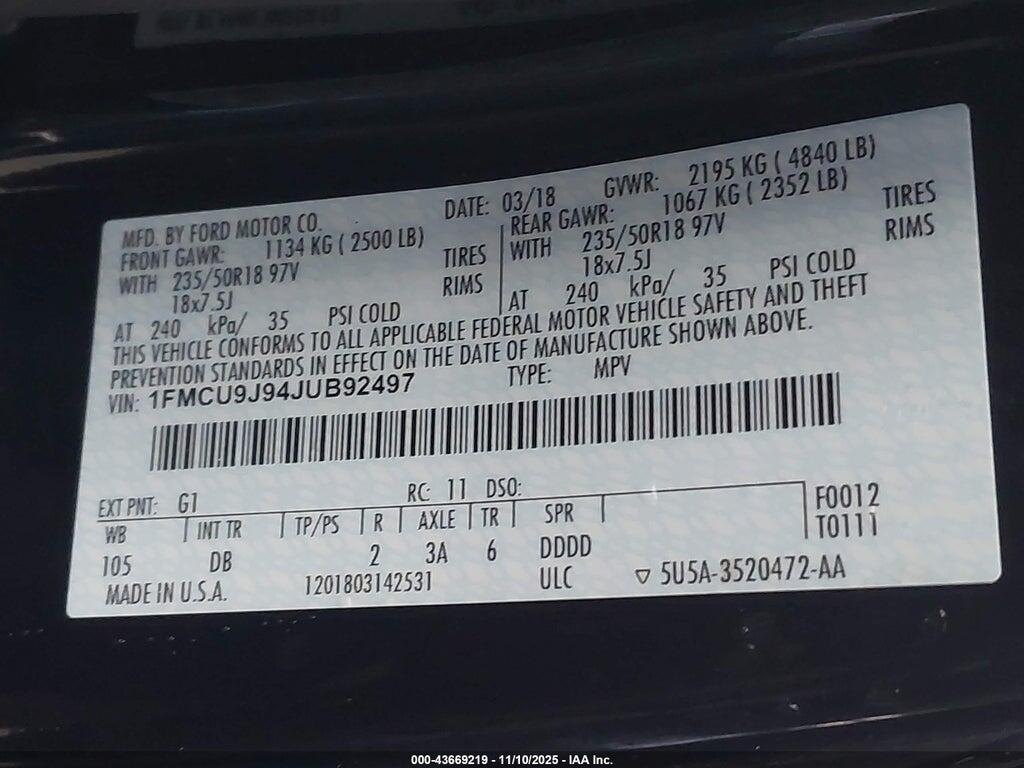 1FMCU9J94JUB92497 2018 FORD ESCAPE photo no. 9