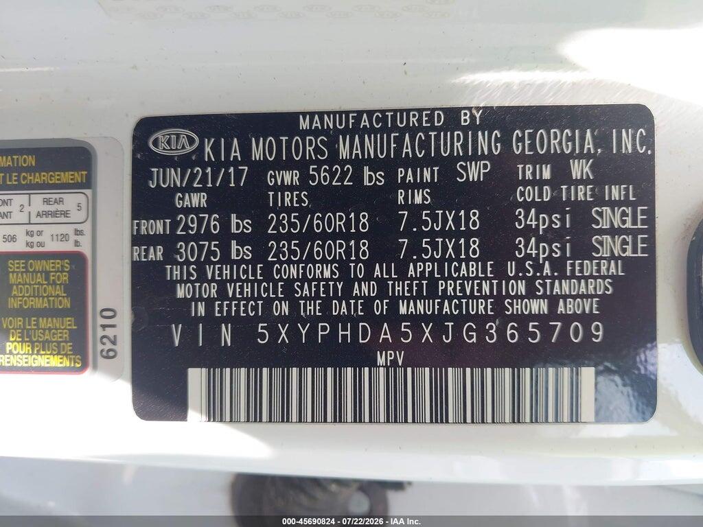5XYPHDA5XJG365709 2018 KIA SORENTO photo no. 9