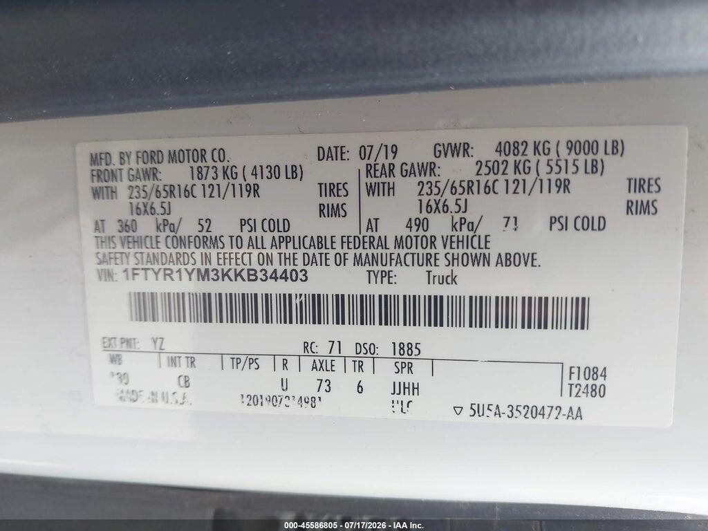 1FTYR1YM3KKB34403 2019 FORD TRANSIT-250 photo no. 9