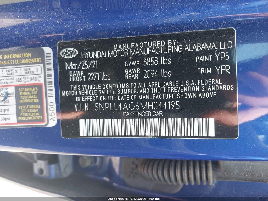 5NPLL4AG6MH044195 2021 HYUNDAI ELANTRA photo no. 9