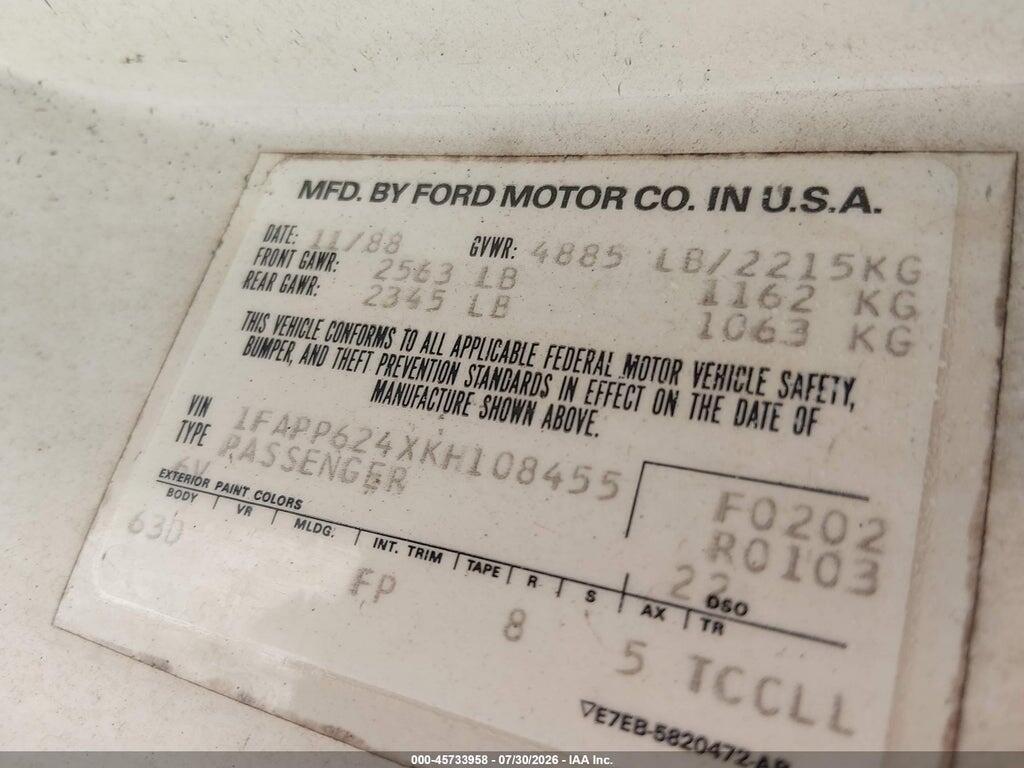 1FAPP624XKH108455 1989 FORD THUNDERBIRD photo no. 9