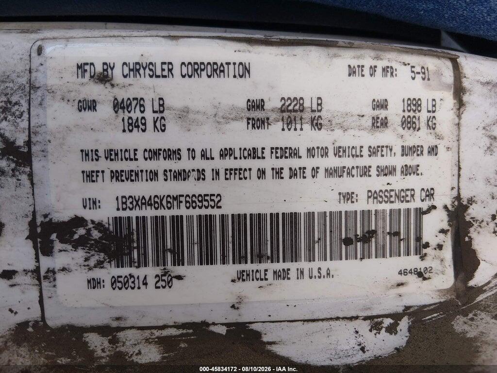 1B3XA46K6MF669552 1991 DODGE SPIRIT photo no. 9
