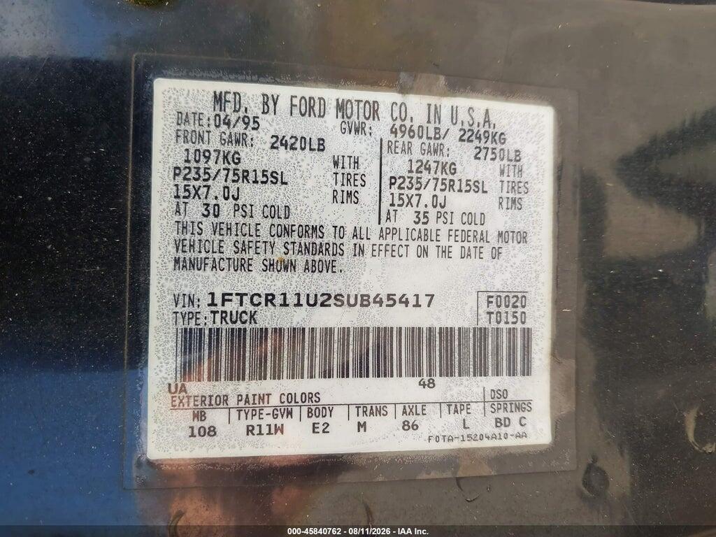 1FTCR11U2SUB45417 1995 FORD RANGER photo no. 9