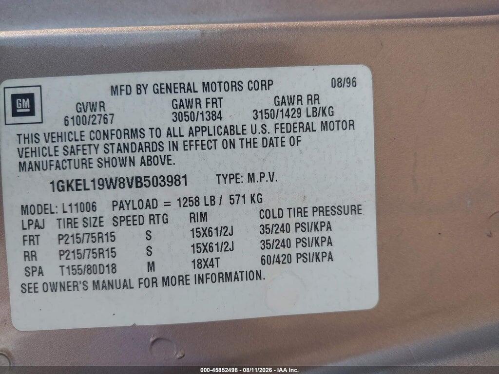 1GKEL19W8VB503981 1997 GMC SAFARI PASSENGER photo no. 9