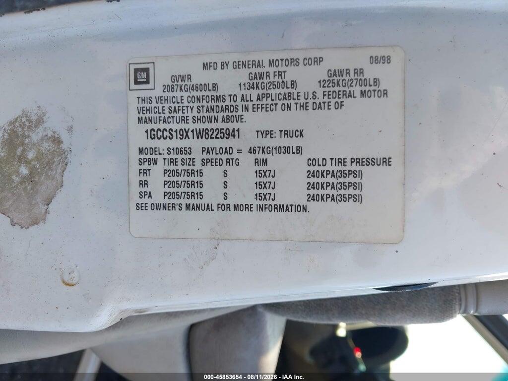 1GCCS19X1W8225941 1998 CHEVROLET S-10 photo no. 9