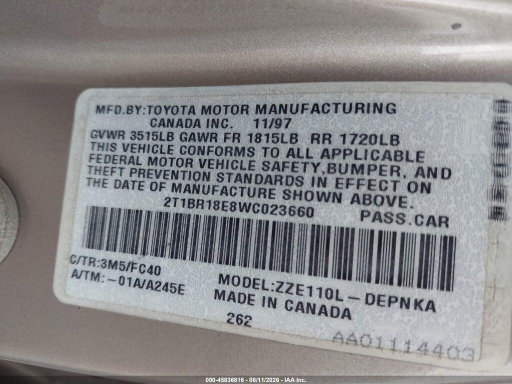 2T1BR18E8WC023660 1998 TOYOTA COROLLA photo no. 9