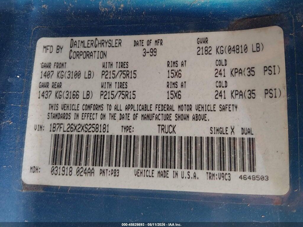 1B7FL26X2XS258181 1999 DODGE DAKOTA photo no. 9