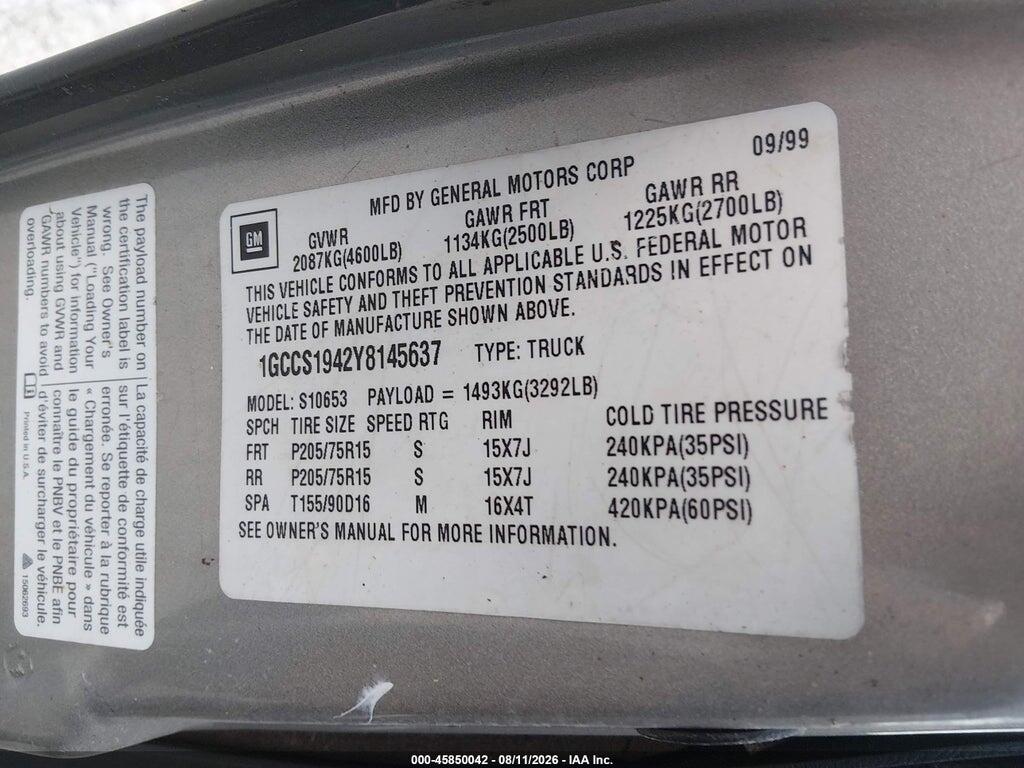 1GCCS1942Y8145637 2000 CHEVROLET S-10 photo no. 9