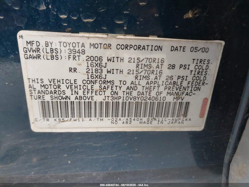 JT3HP10V8Y0240610 2000 TOYOTA RAV4 photo no. 9