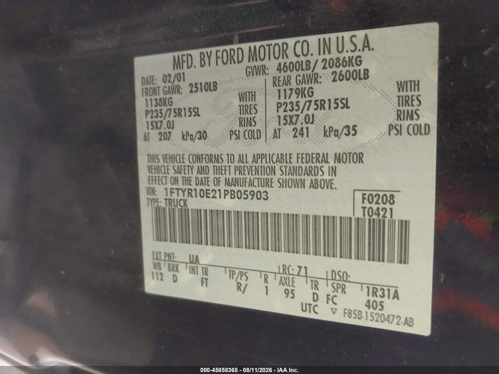 1FTYR10E21PB05903 2001 FORD RANGER photo no. 9