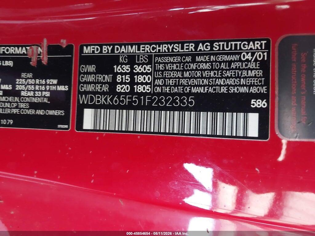 WDBKK65F51F232335 2001 MERCEDES-BENZ SLK 320 photo no. 9