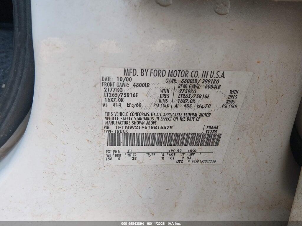 1FTNW21F61EB16679 2001 FORD F-250 photo no. 9