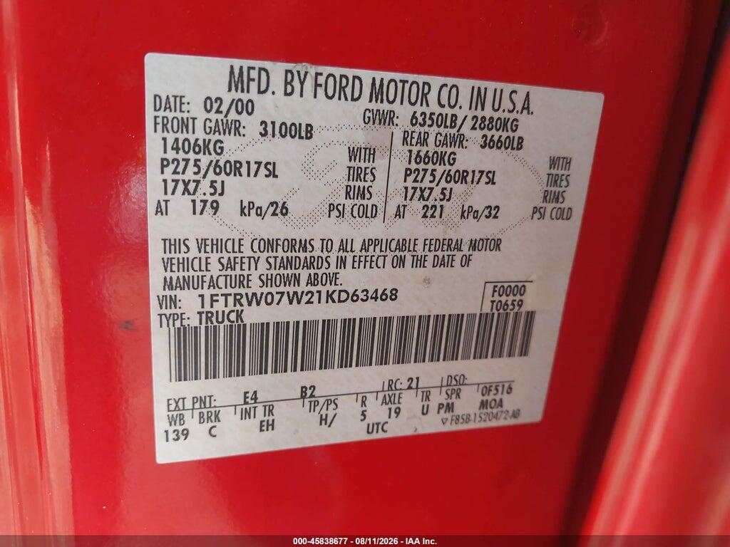 1FTRW07W21KD63468 2001 FORD F-150 photo no. 9