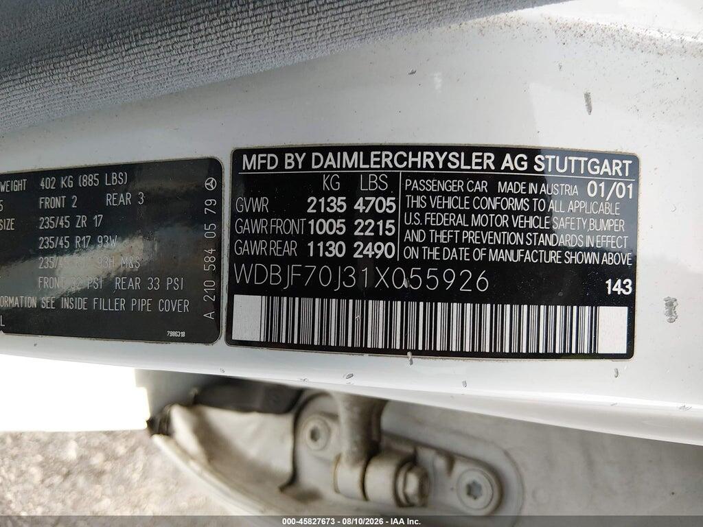 WDBJF70J31X055926 2001 MERCEDES-BENZ E 430 photo no. 9