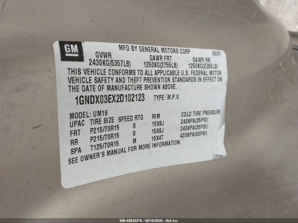 1GNDX03EX2D102123 2002 CHEVROLET VENTURE photo no. 9