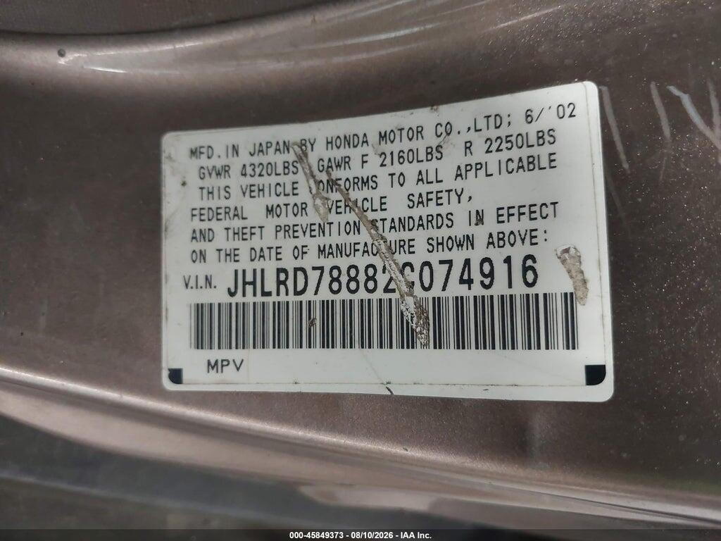 JHLRD78882C074916 2002 HONDA CR-V photo no. 9