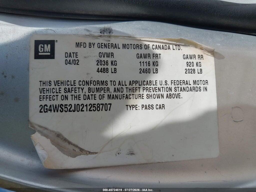 2G4WS52J021258707 2002 BUICK CENTURY photo no. 9
