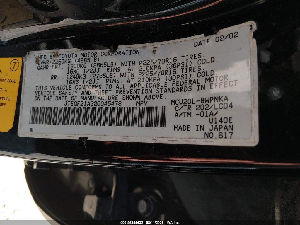 JTEGF21A320045478 2002 TOYOTA HIGHLANDER photo no. 9