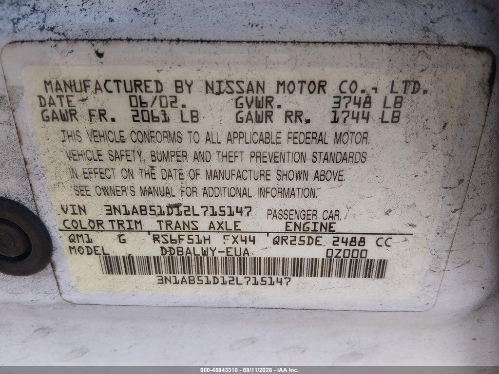 3N1AB51D12L715147 2002 NISSAN SENTRA photo no. 9