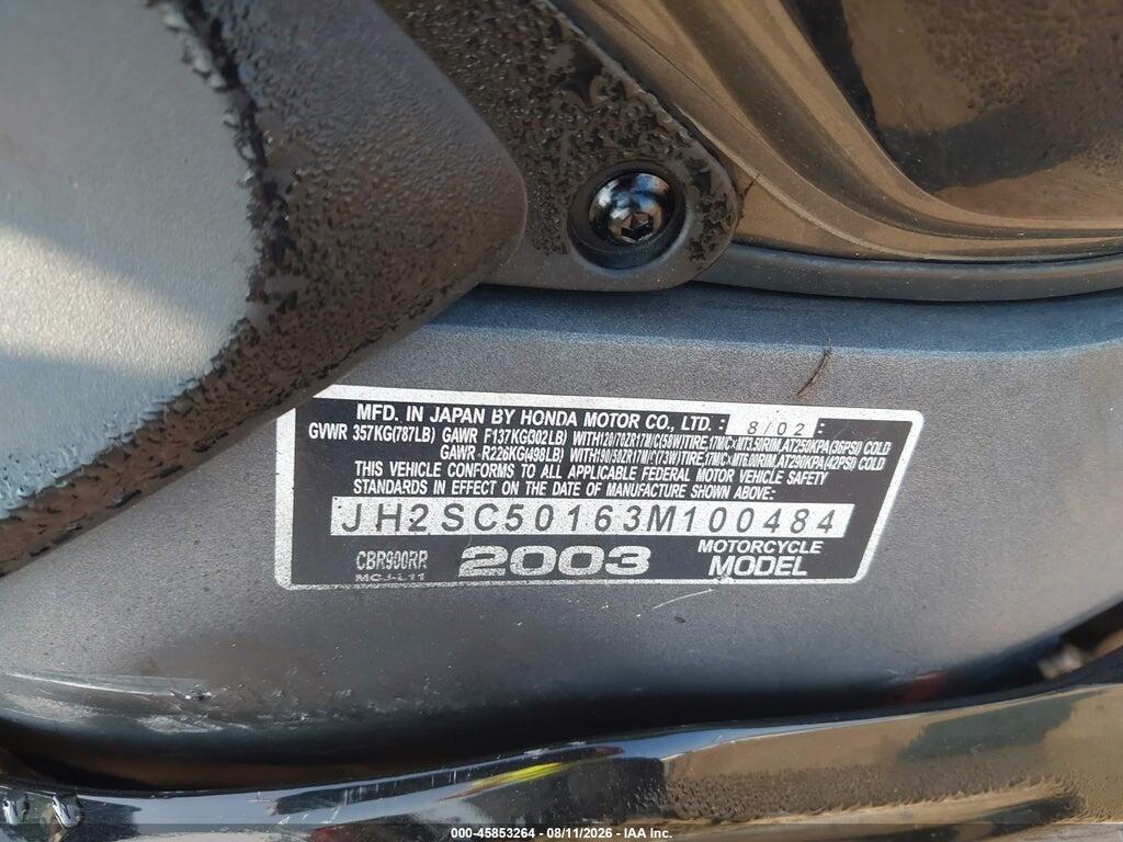 JH2SC50163M100484 2003 HONDA CBR900 photo no. 10