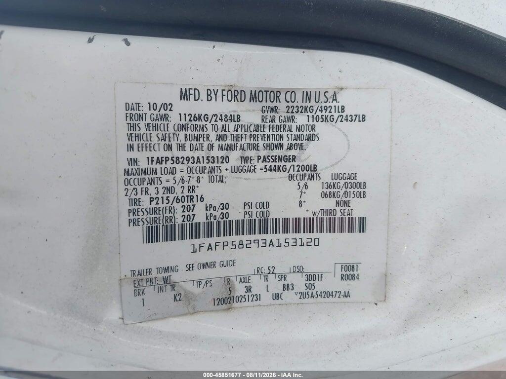 1FAFP58293A153120 2003 FORD TAURUS photo no. 9