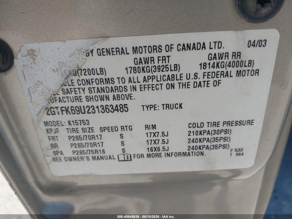 2GTFK69U231363485 2003 GMC SIERRA 1500 photo no. 9