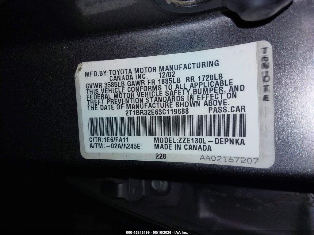 2T1BR32E63C119688 2003 TOYOTA COROLLA photo no. 9