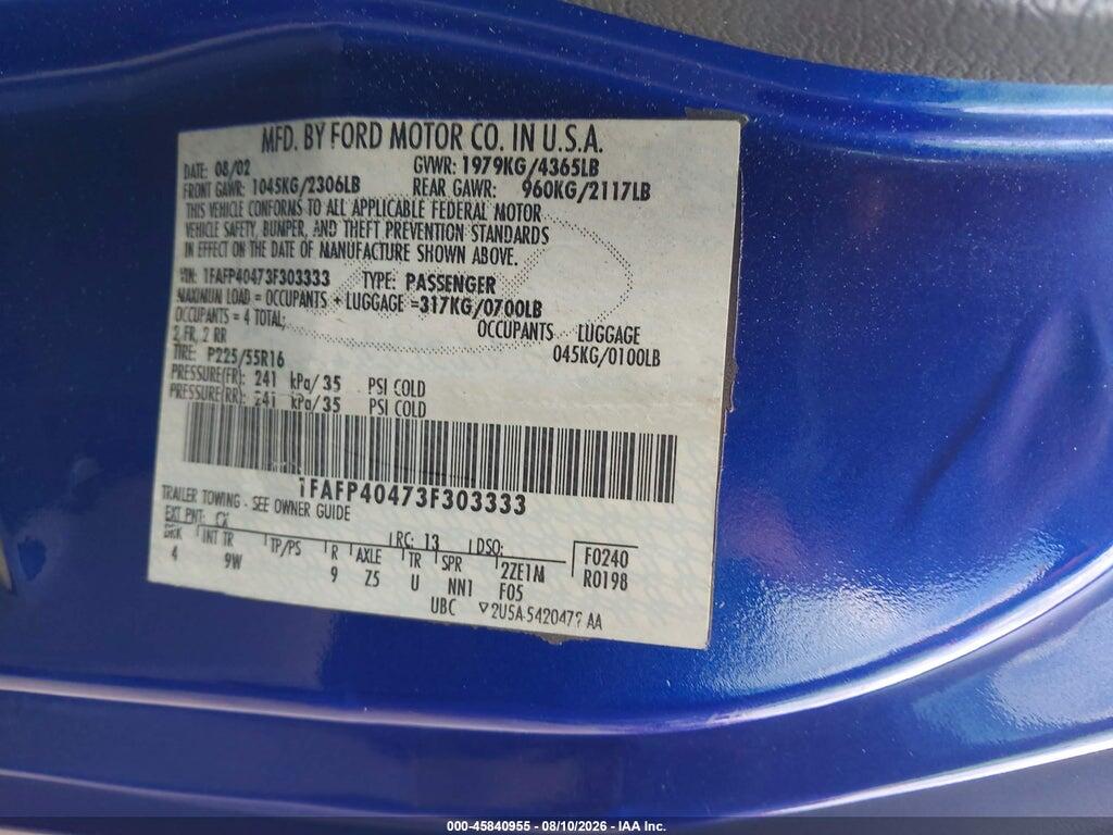 1FAFP40473F303333 2003 FORD MUSTANG photo no. 9