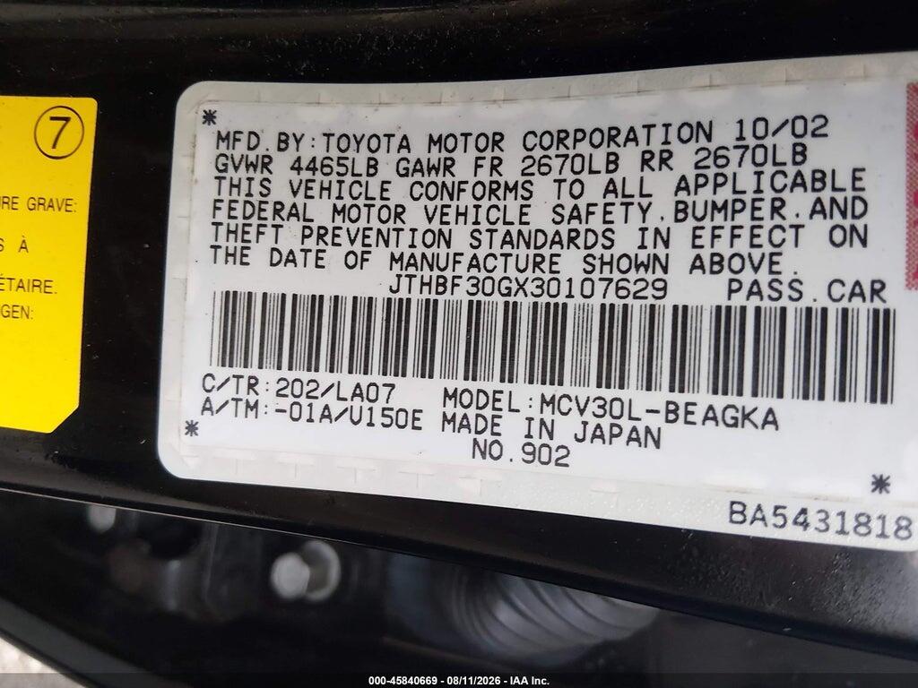 JTHBF30GX30107629 2003 LEXUS ES 300 photo no. 9