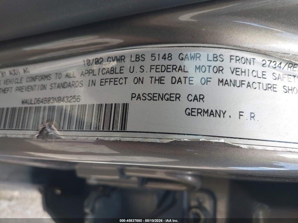 WAULD64B03N043256 2003 AUDI A6 photo no. 9