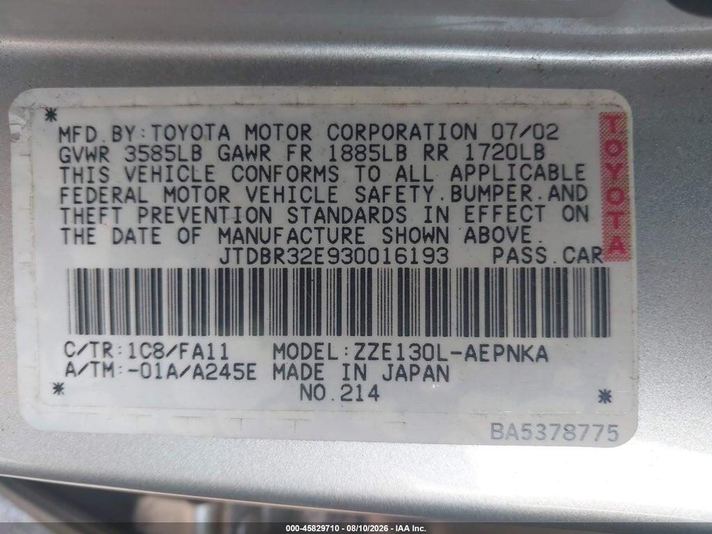 JTDBR32E930016193 2003 TOYOTA COROLLA photo no. 9