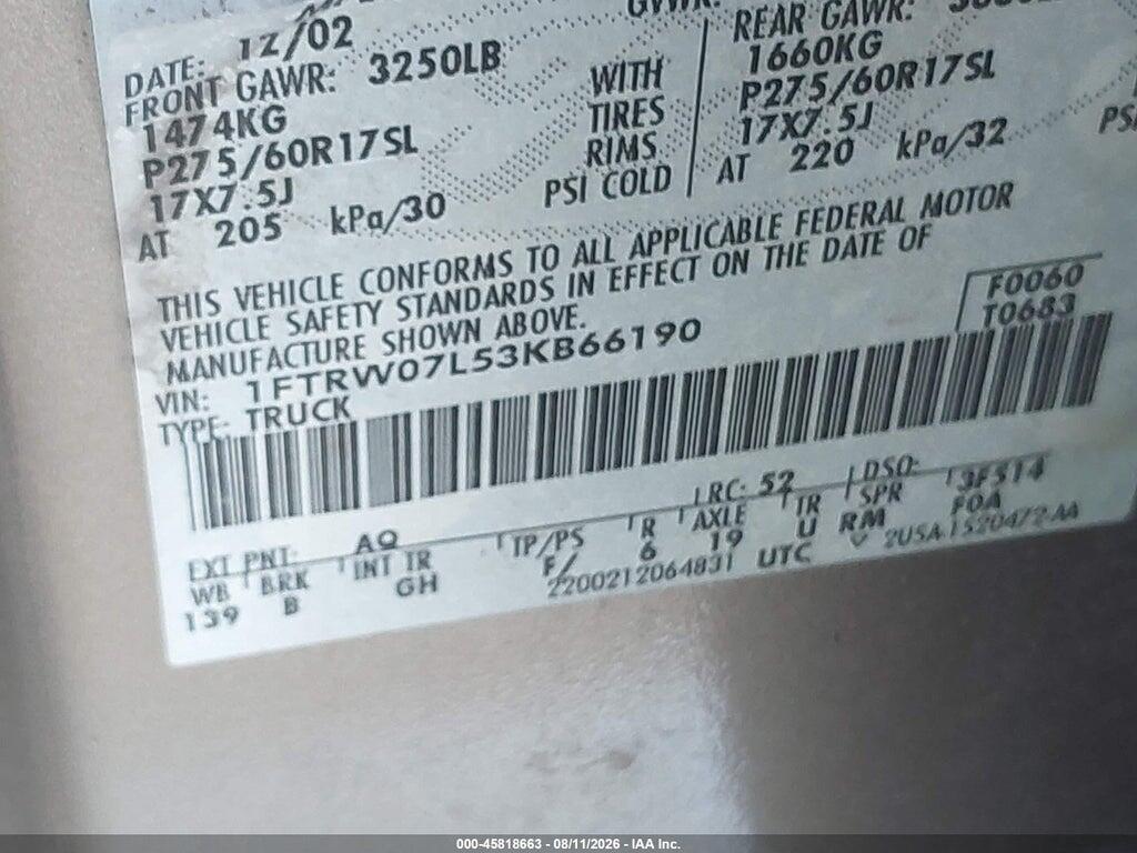 1FTRW07L53KB66190 2003 FORD F-150 photo no. 9