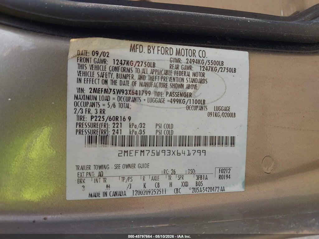 2MEFM75W93X641799 2003 MERCURY GRAND MARQUIS photo no. 9