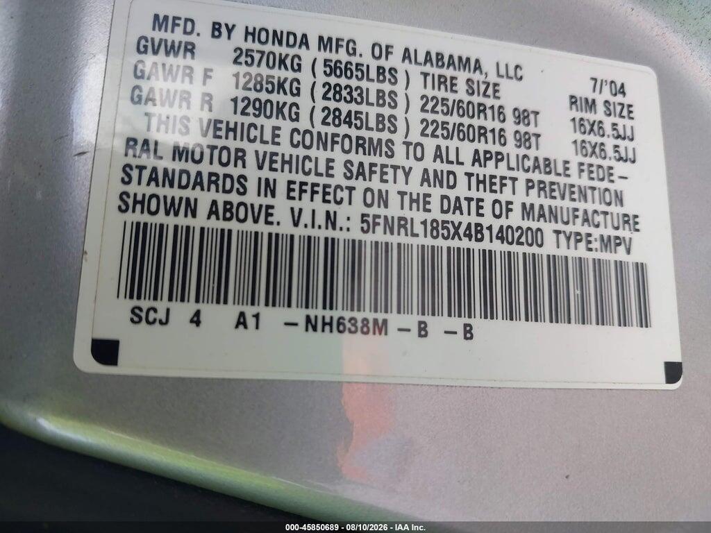 5FNRL185X4B140200 2004 HONDA ODYSSEY photo no. 9