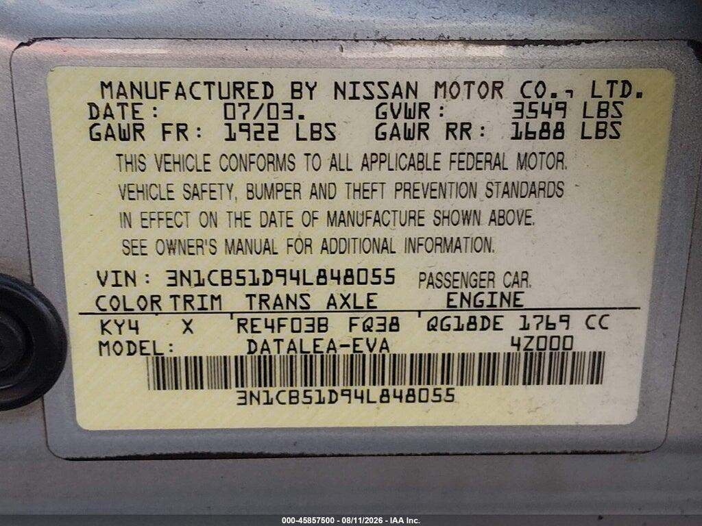 3N1CB51D94L848055 2004 NISSAN SENTRA photo no. 9