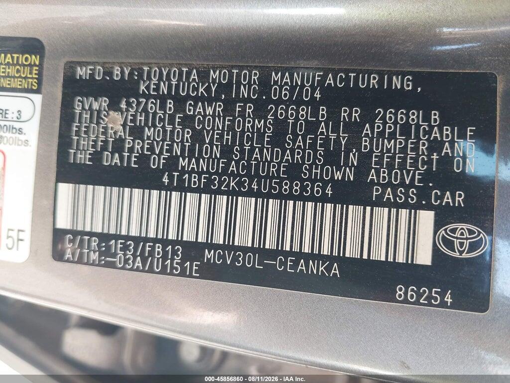 4T1BF32K34U588364 2004 TOYOTA CAMRY photo no. 9