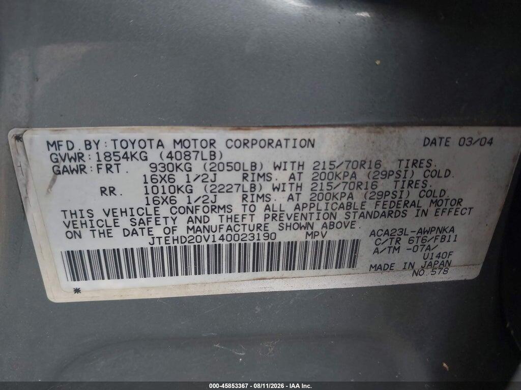 JTEHD20V140023190 2004 TOYOTA RAV4 photo no. 9