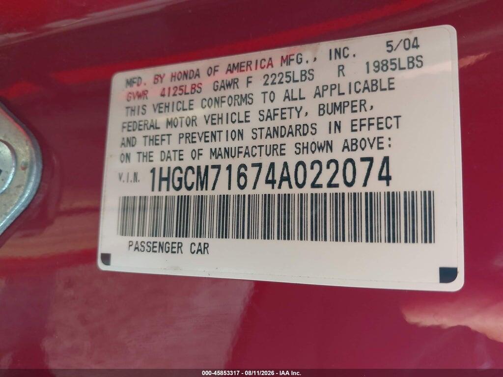 1HGCM71674A022074 2004 HONDA ACCORD photo no. 9