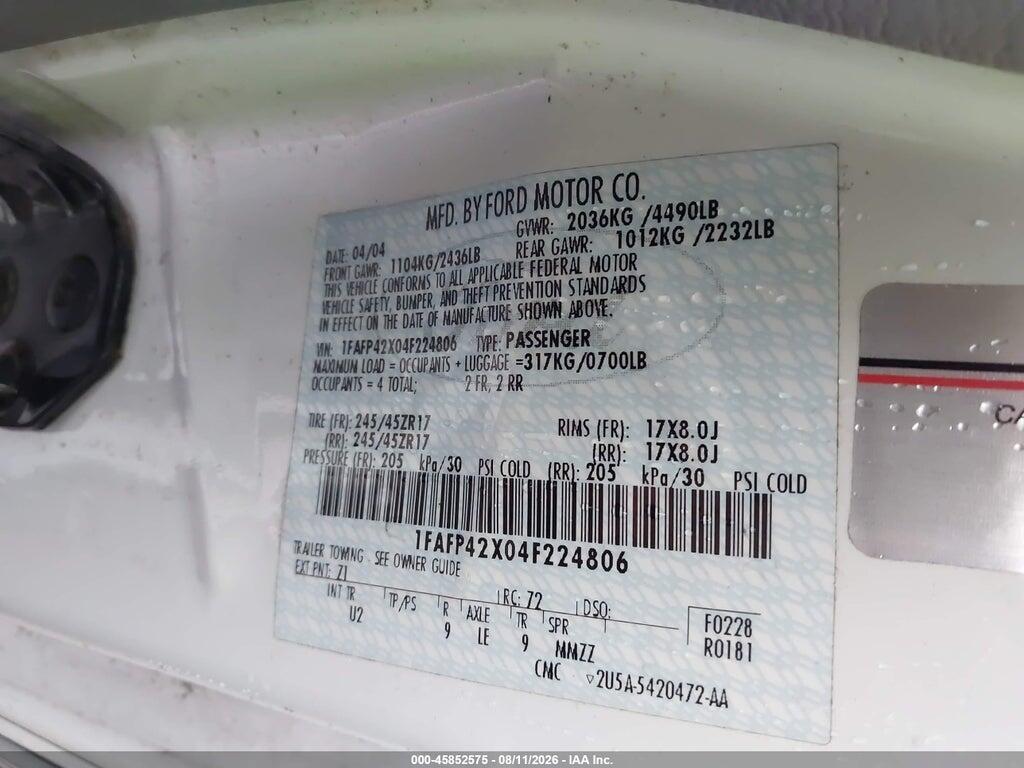 1FAFP42X04F224806 2004 FORD MUSTANG photo no. 9