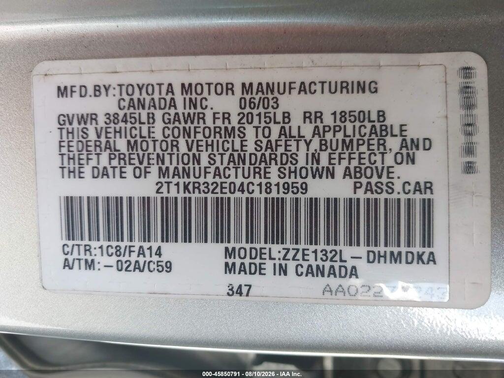 2T1KR32E04C181959 2004 TOYOTA MATRIX photo no. 9