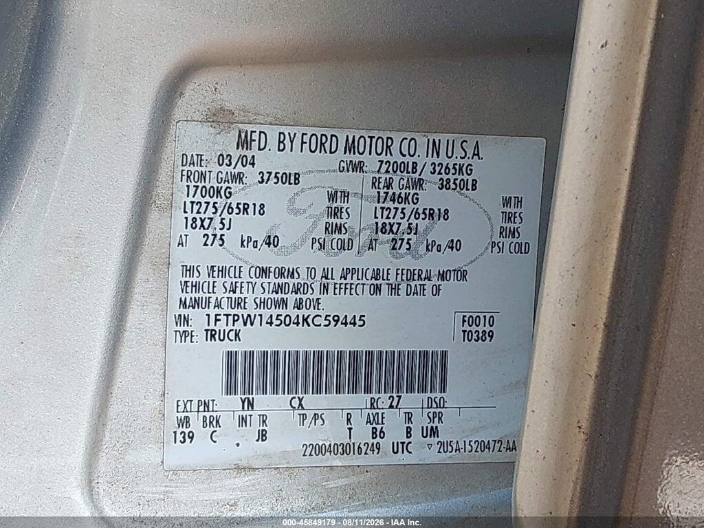 1FTPW14504KC59445 2004 FORD F-150 photo no. 9